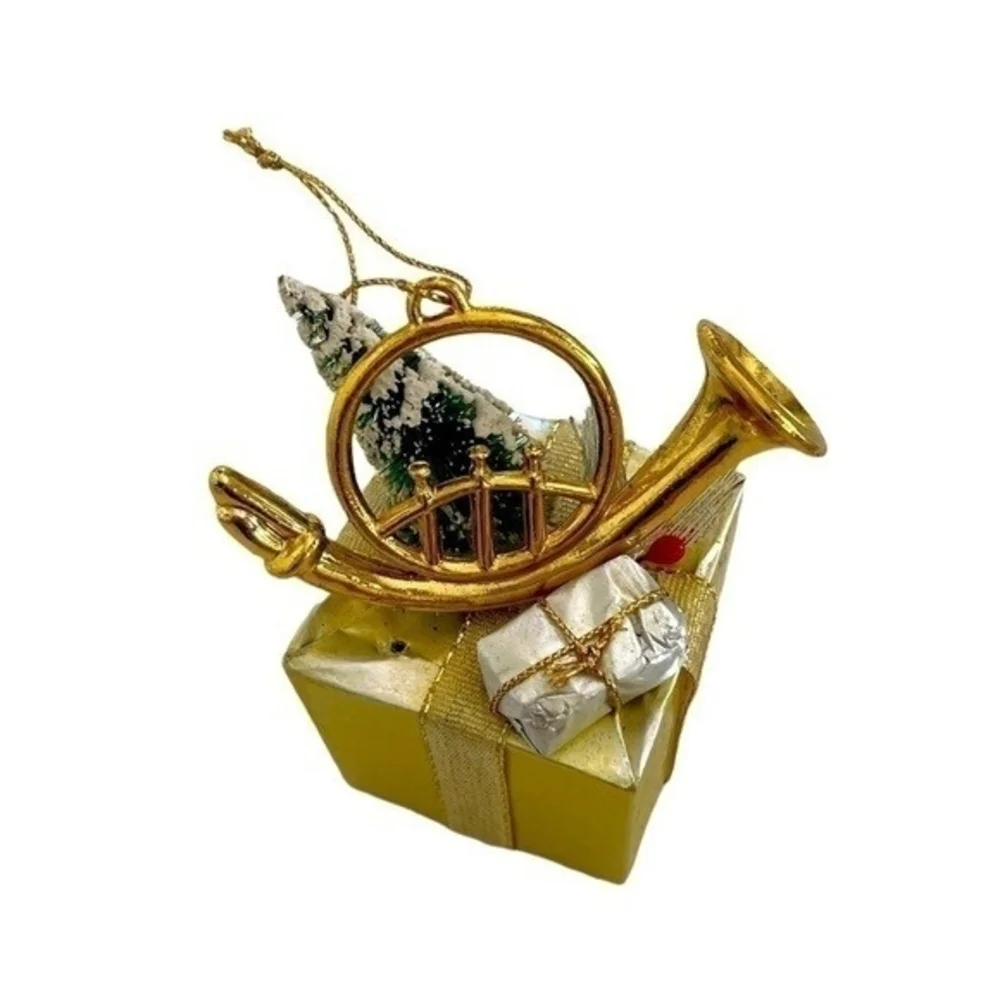 Vintage 3D Musical Christmas Ornament Gold Gift Shape Working Music Box